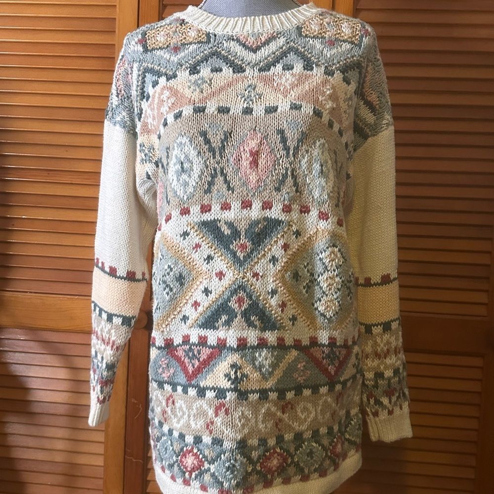 Vintage Cotton Knit Pastel Geometric Cottagecore Granny Sweater